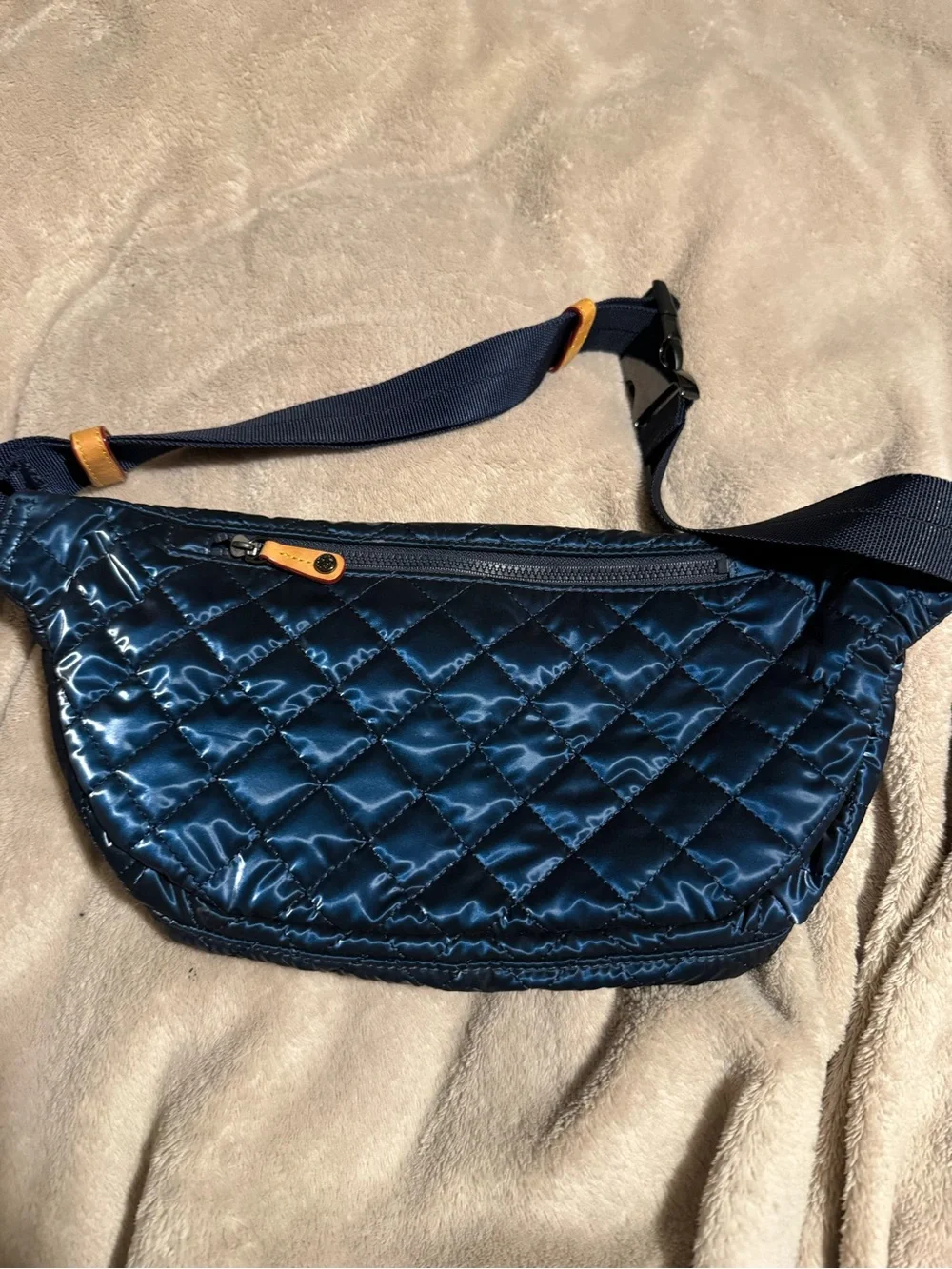 MZ Wallace Quilted Navy Blue Belt Bag with Tan Accents - Picture 2 of 6